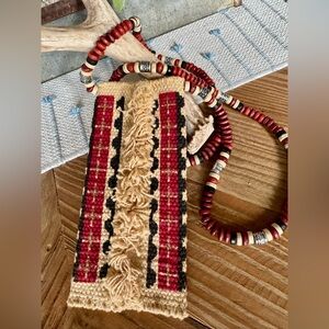 Red and Tan Beaded Necklace with Woven Eyeglass Pouch